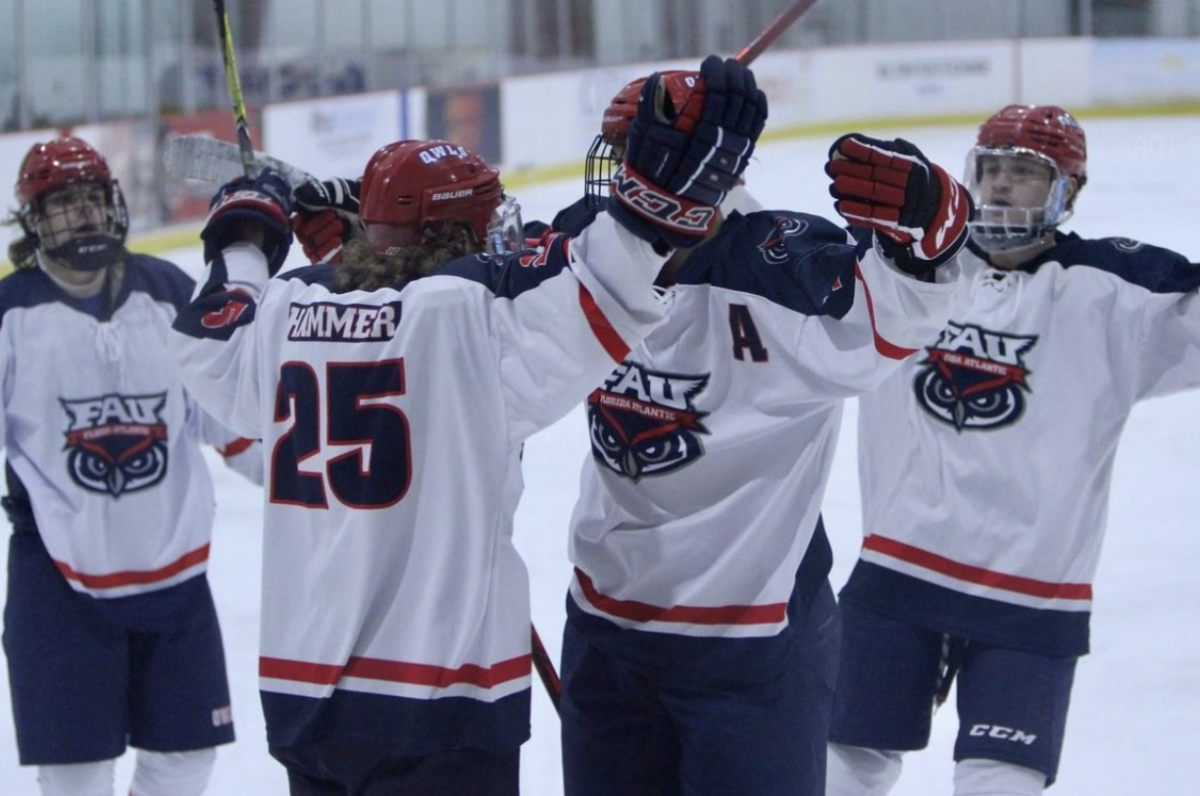  FAU Alumni Daniel Hammer (25) in his senior year celebrating a goal against University of Miami with his teammates. The Owls played University of Miami Division II Team on Feb. 5, 2022 and won with a final score of 8-2. 